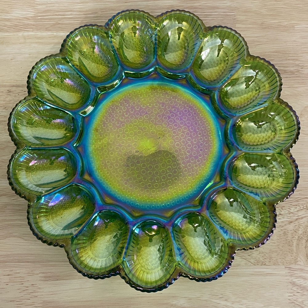 Vintage Indiana Glass Iridescent Green Carnival Hobnail Deviled Egg Plate 11”